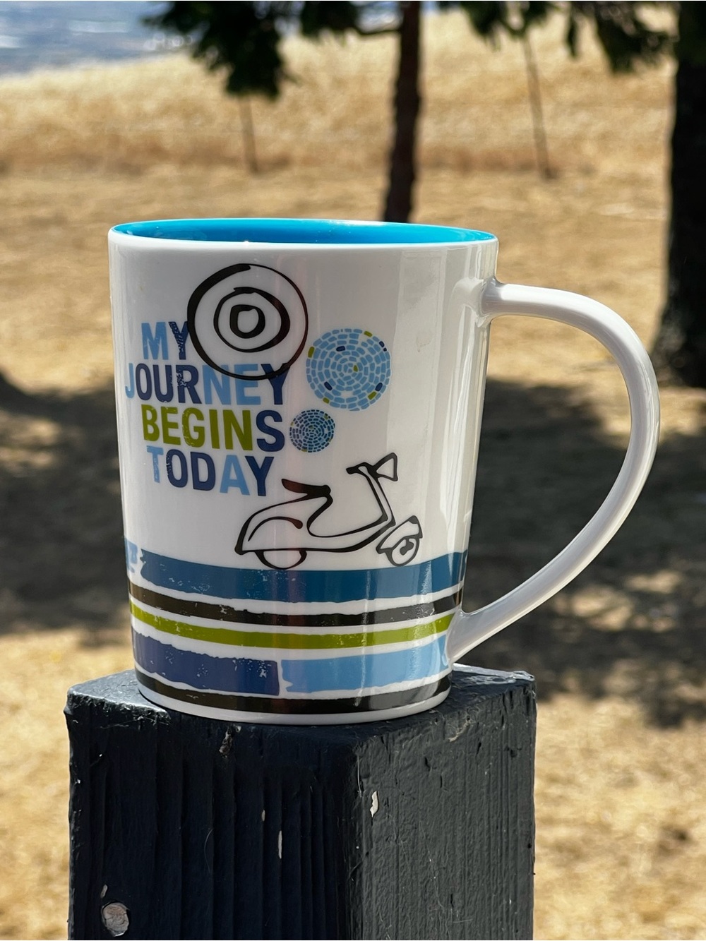 NEW STARBUCKS Coffee Mug Cup My Journey Begins Today Vespa Scooter 14 Oz Blue